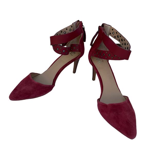 New Joe's Jeans Red Suede Pointed Toe D'Orsay Studded Buckled Heeled Pump 6.5M - Picture 6 of 8